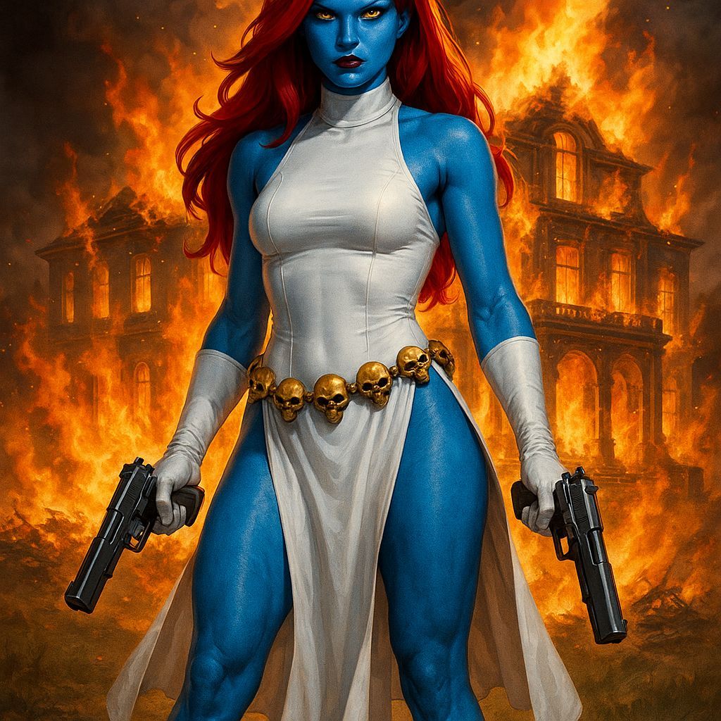 Mystique in 90s Outfit with Pistols Amidst Burning Mansion