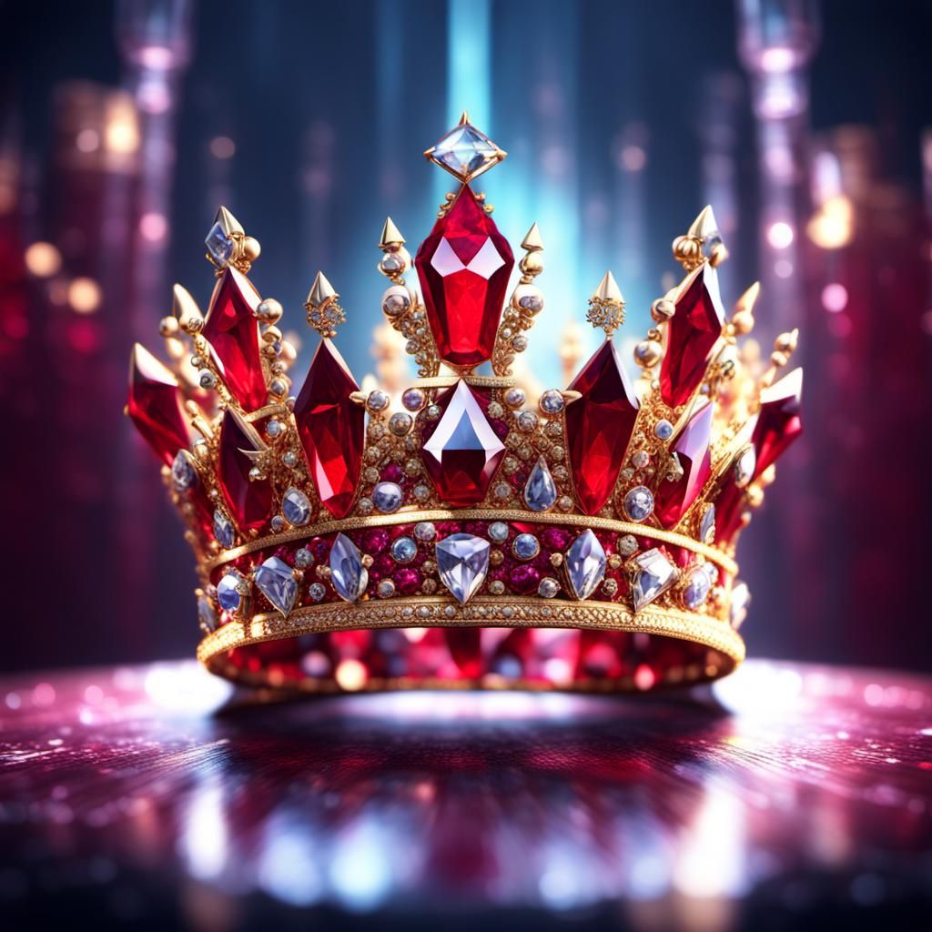 crystal ruby queens crown, studded with diamond and gold, glass case background, glittery