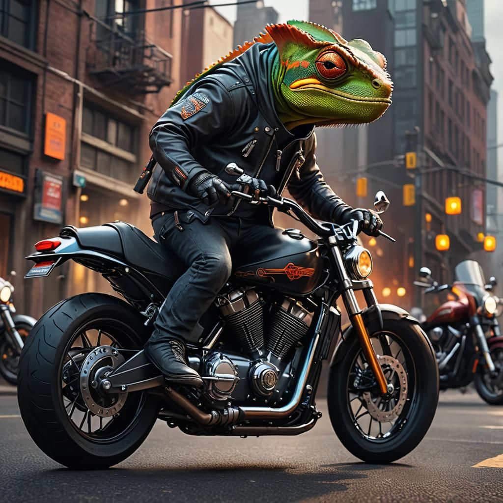 Chameleon Biker on Harley Davidson: Detailed Fantasy Art