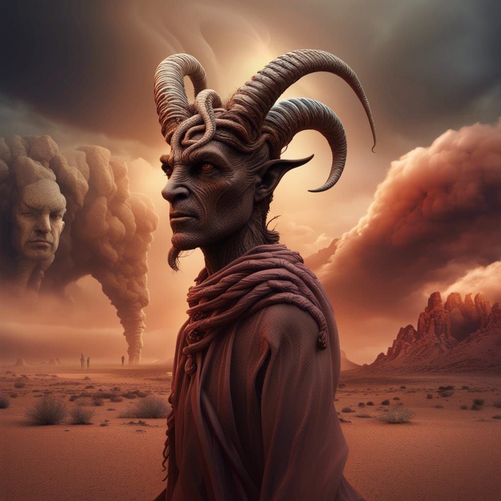 Goat-Horned Humanoid in Desert Landscape