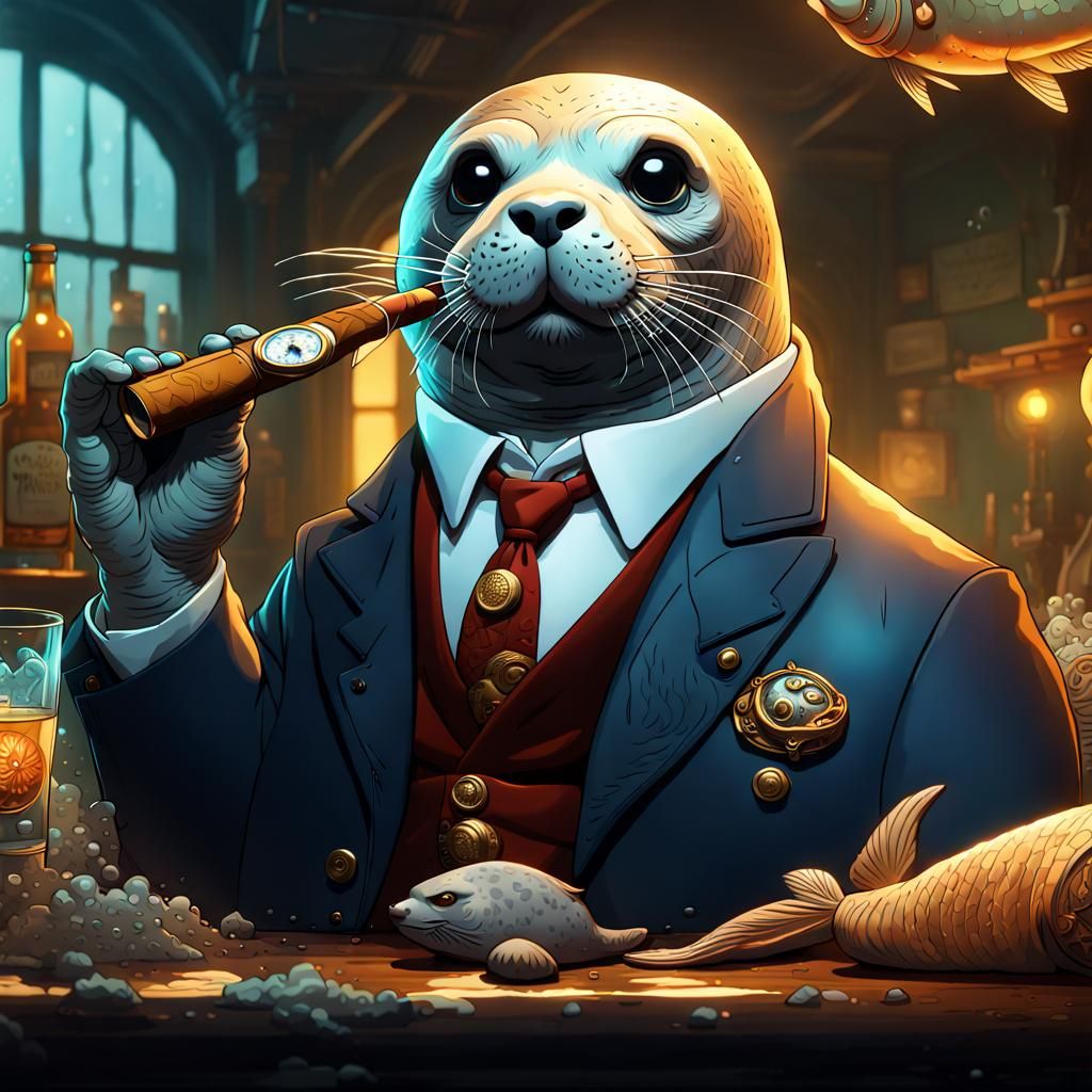 Harbor Seal Mafia Boss in Smoky Pub