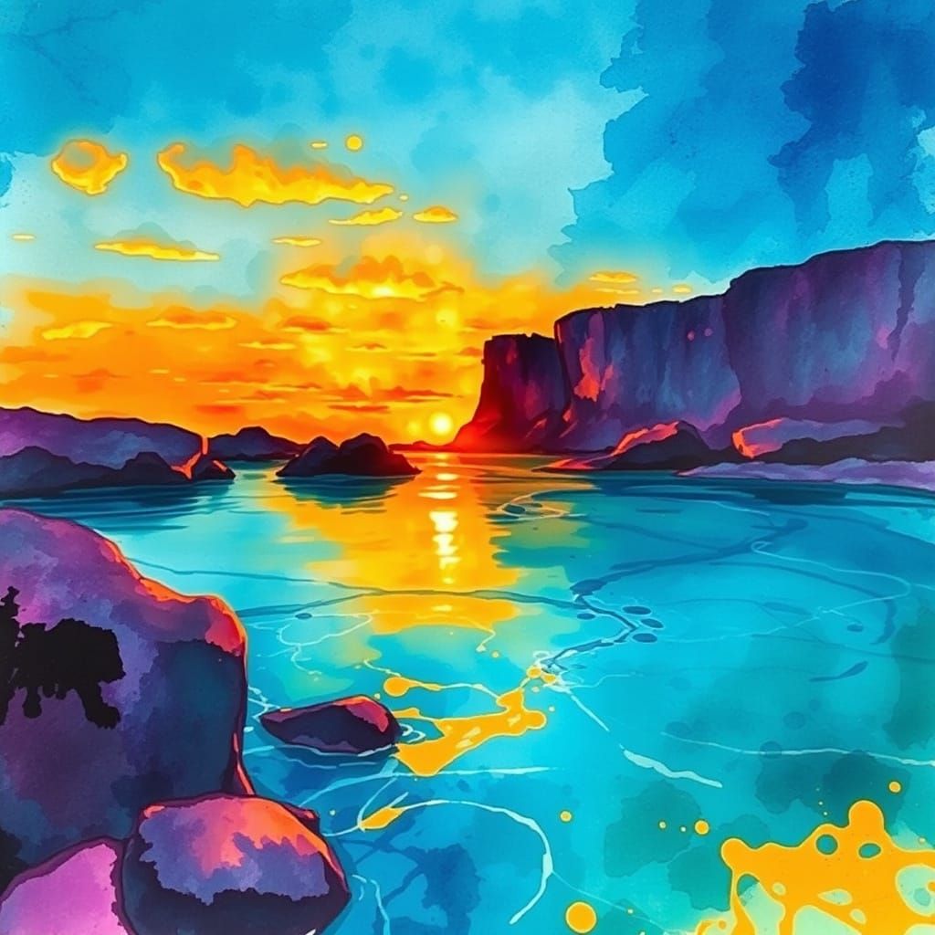 Turquoise River Sunset as Watercolor Painting