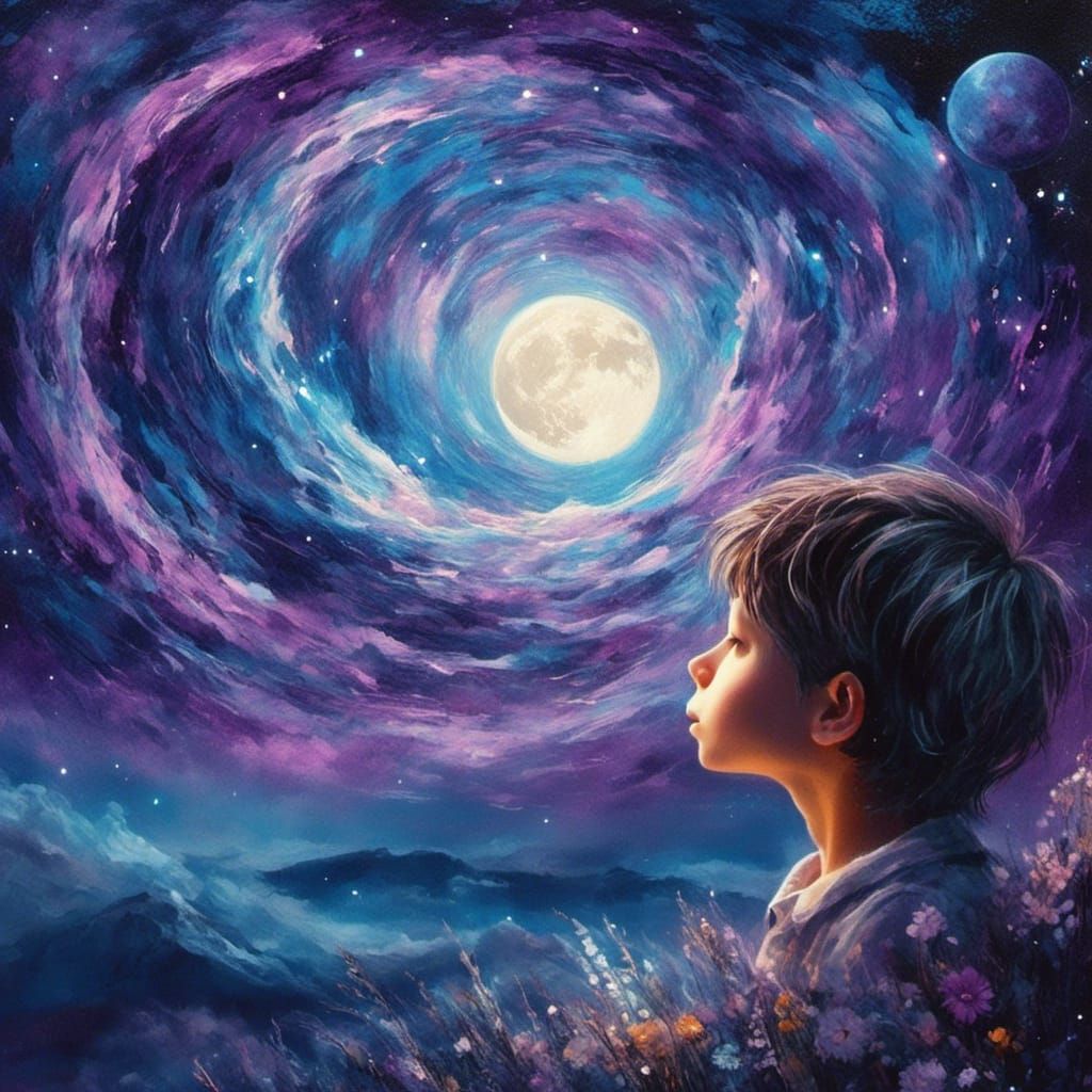 Boy Gazing at Starry Night Sky in Oil Painting