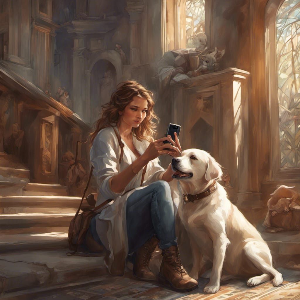 Woman Selfies with Dog: Detailed Digital Portrait