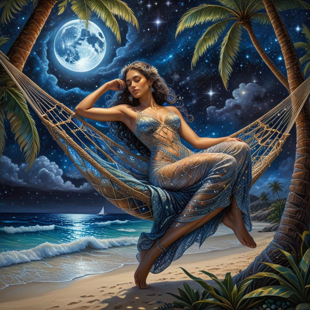 Hawaiian Goddess on Hammock Under Starry Night Sky