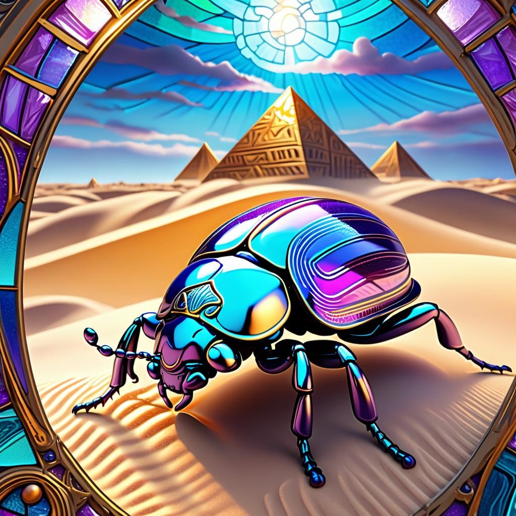 Cyberpunk Scarab Beetle in Art Nouveau Stained Glass