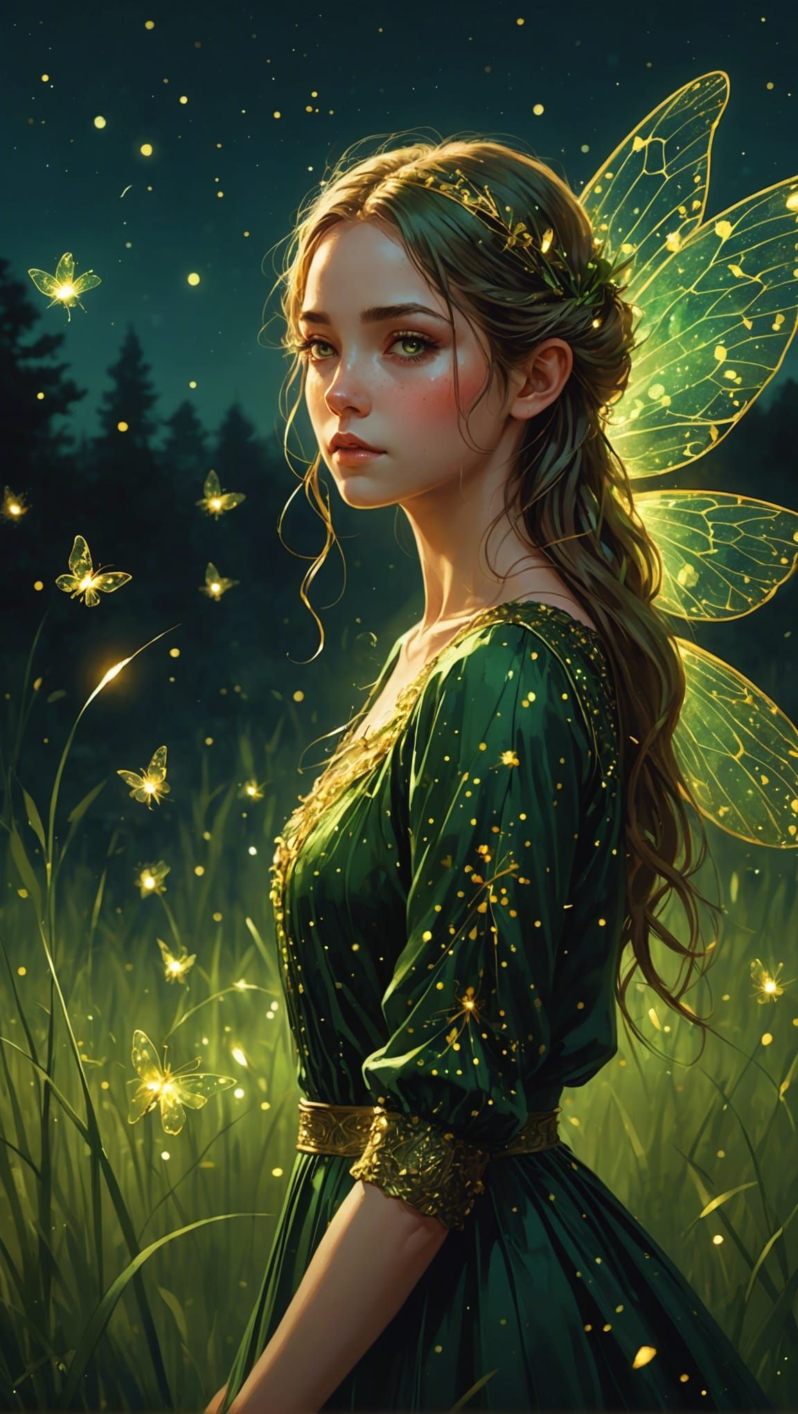 Gold and Green Fairy in Firefly Field