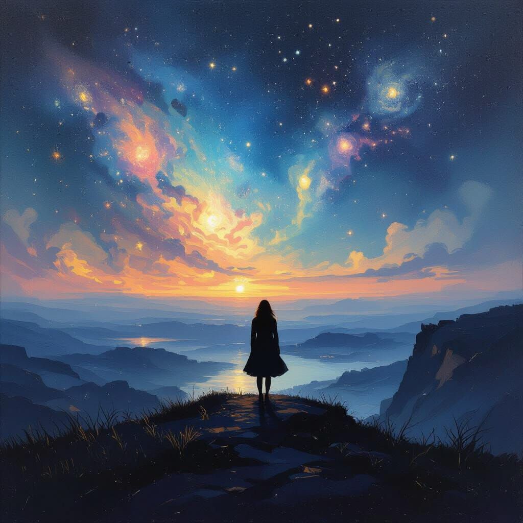 Woman Watching Cosmic Landscape in Impressionist Style