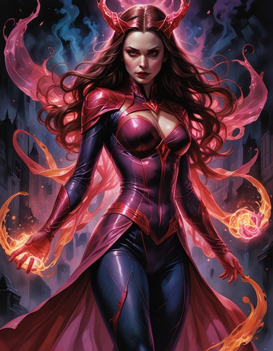 Scarlet Witch in Vibrant, Shimmering Red-Purple Body Stockin...