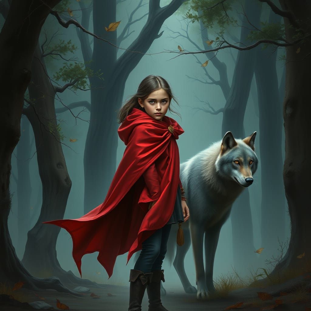 Girl in Red Cloak Confronts Dark Forest with Wolf Companion