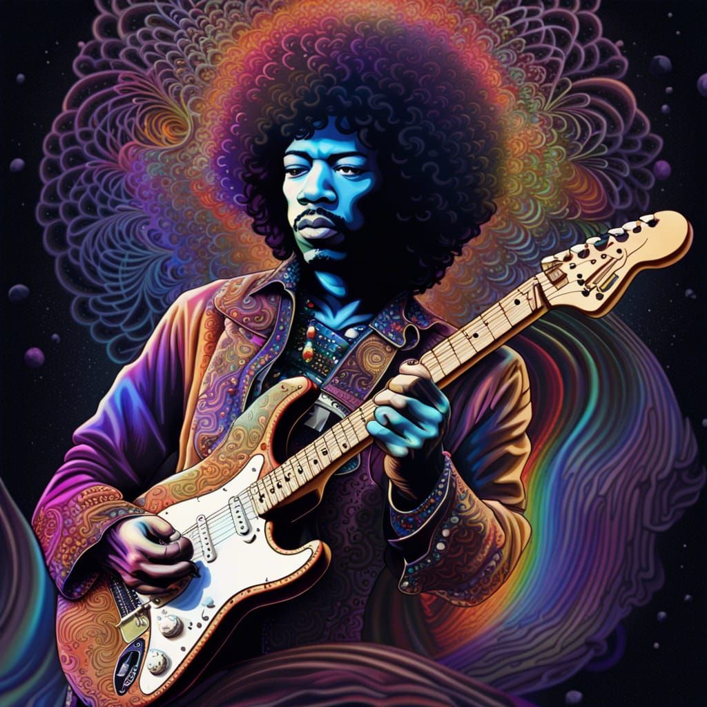 portraite of jimi hendrix playing his stratocaster