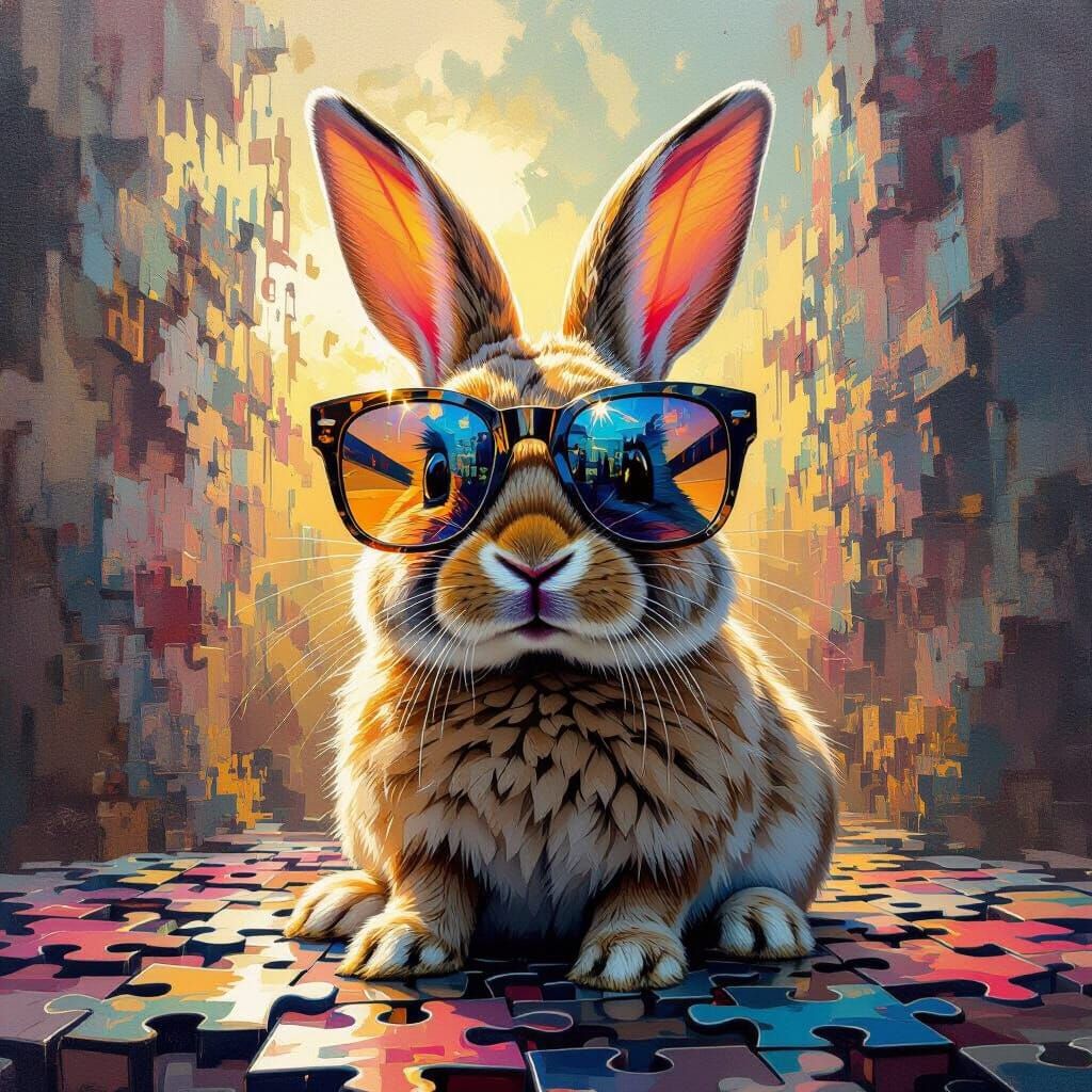 Rabbit in Sunglasses Amidst Puzzle Pieces