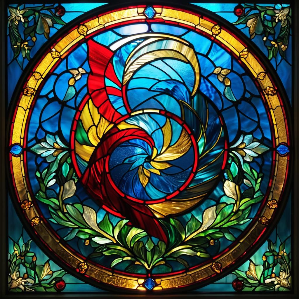 Dinosaur-Chicken Stained Glass Artwork in Jurassic Landscape