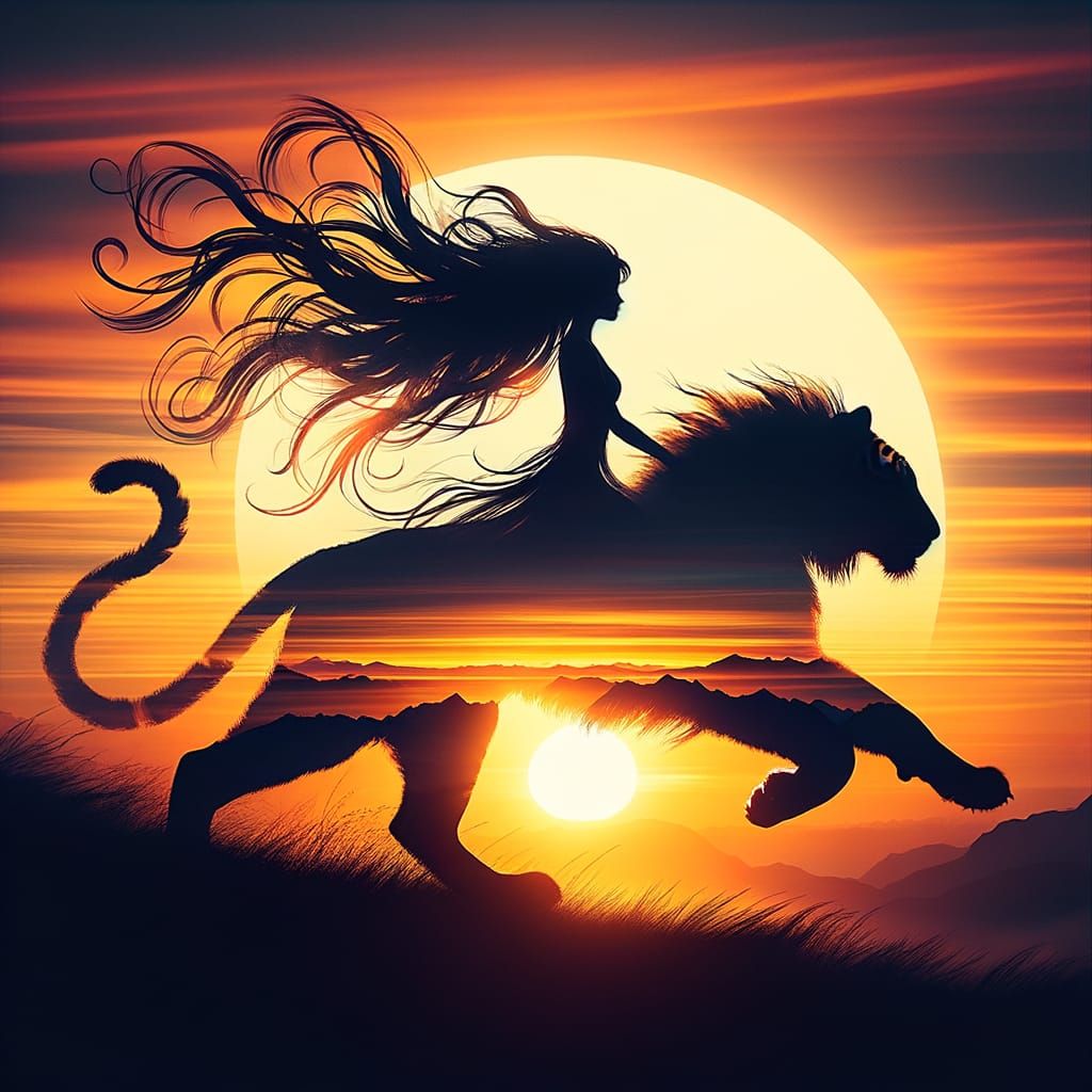 Silhouette of Girl Riding Tiger at Sunset