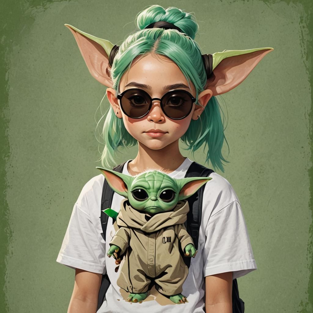 Green-haired Girl with Yoda Digital Illustration