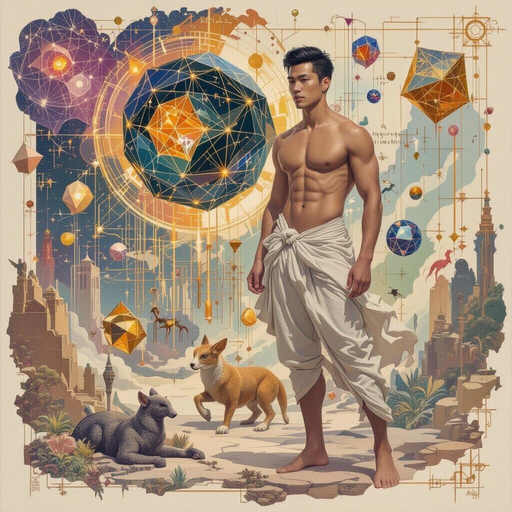 Hyperrealistic Oil Painting of Man in Mathematical Paradise