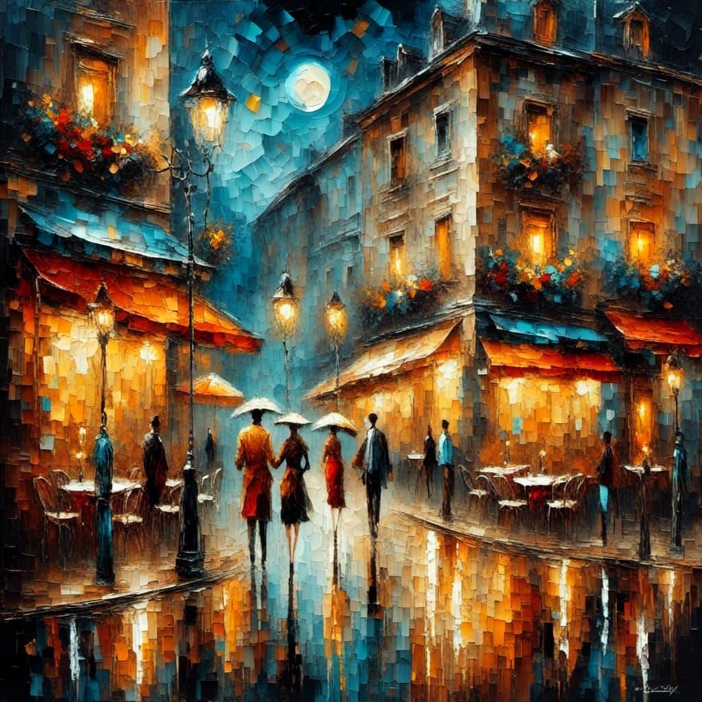 Night Cafe Street Scene in Oil Painting Style