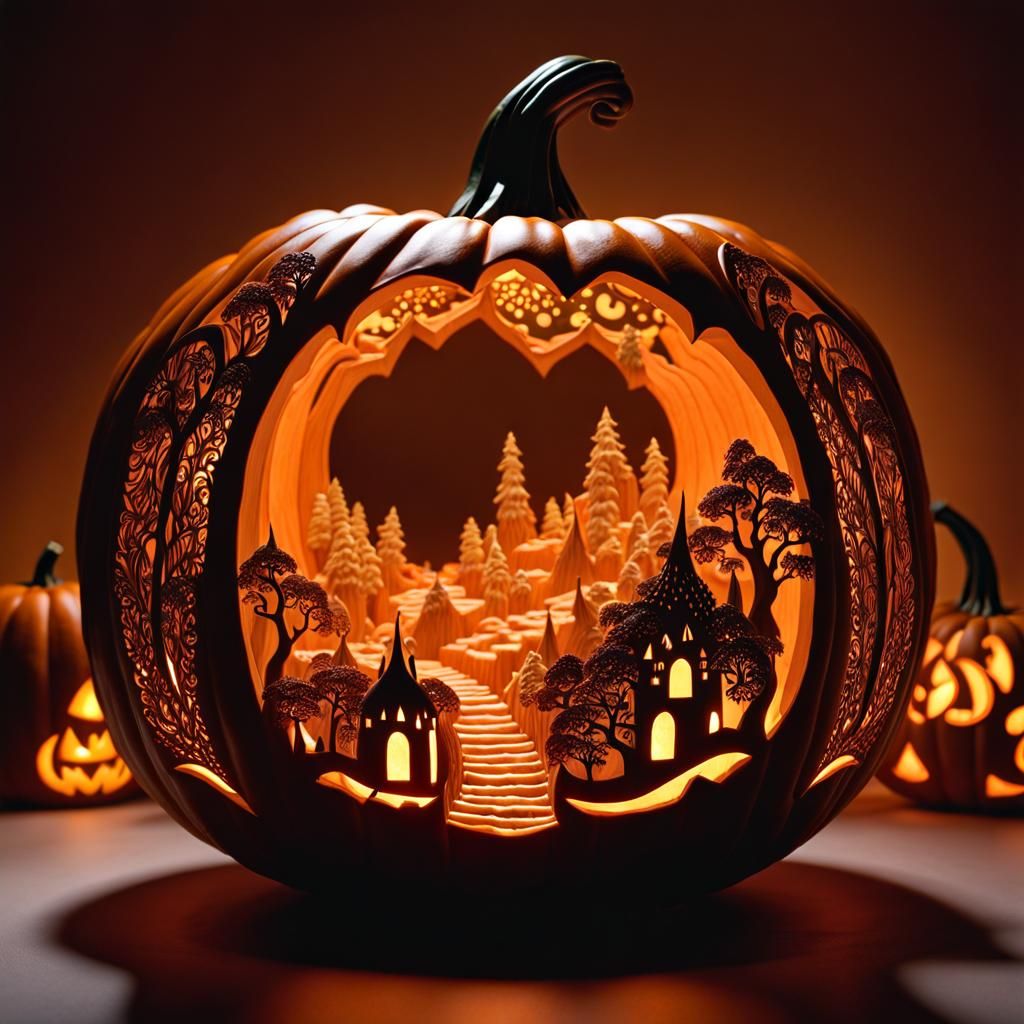 Intricate Hellscape Carved Inside Pumpkin: 3D Render