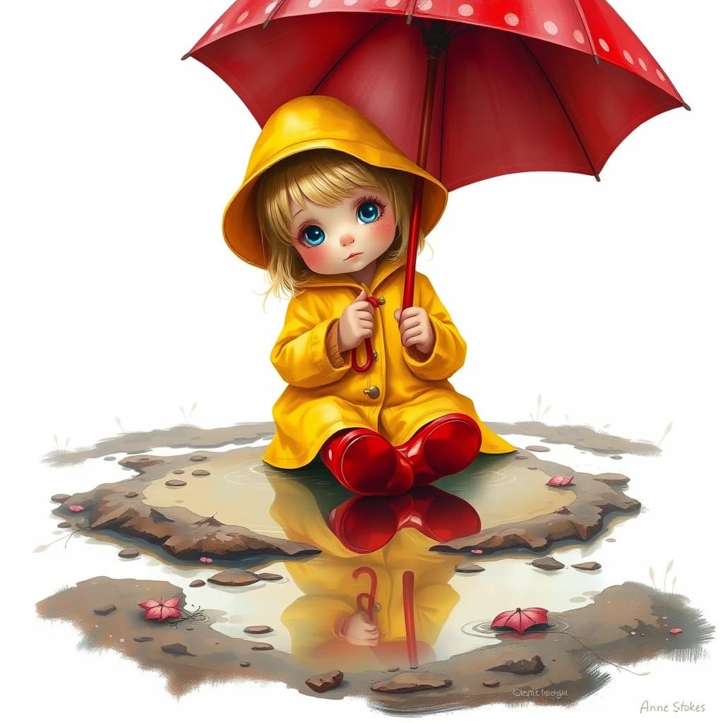 Surreal Scene of a Young Girl in a Bright Raincoat and Umbre...