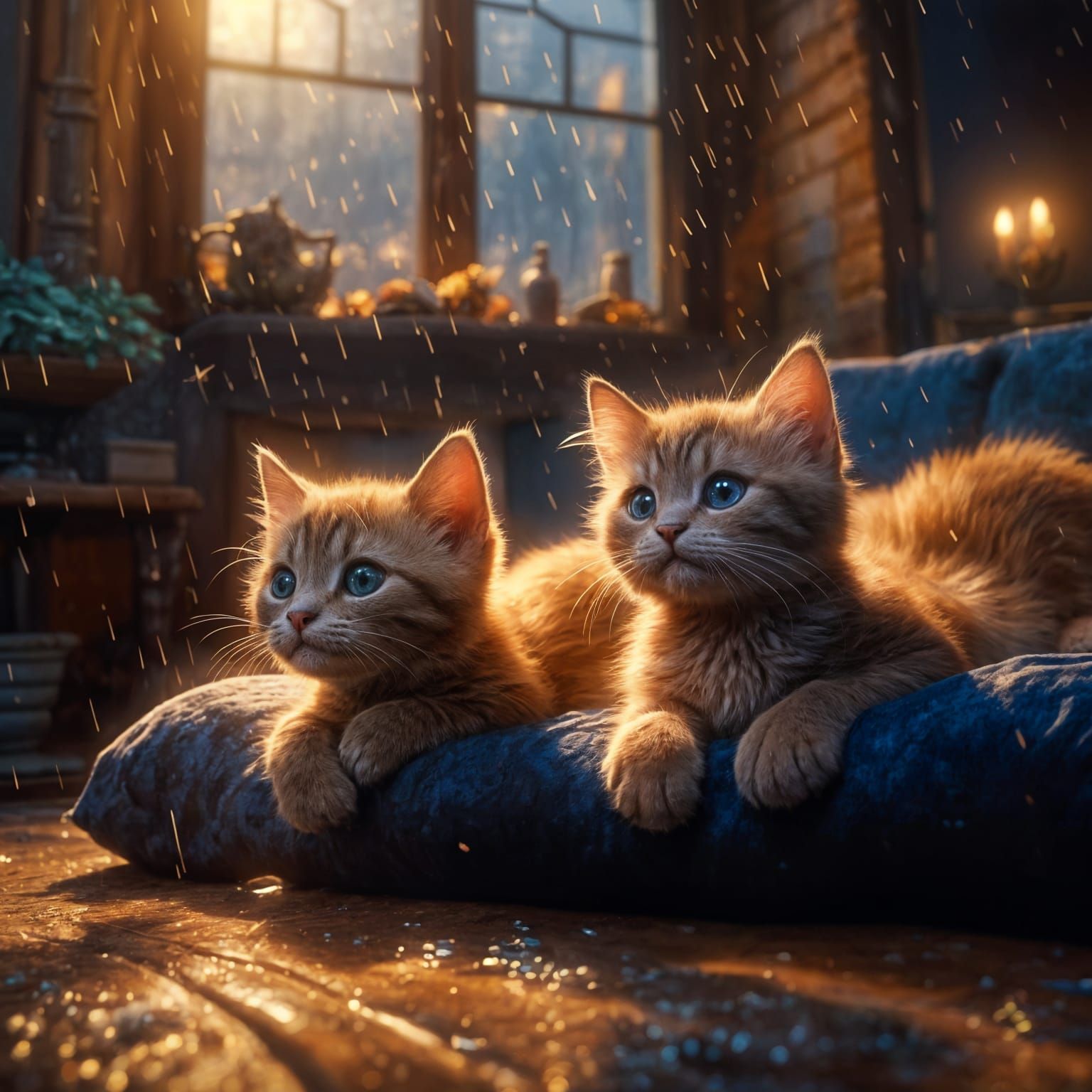 Cozy Kittens Snuggling by Fireplace: Detailed Digital Art