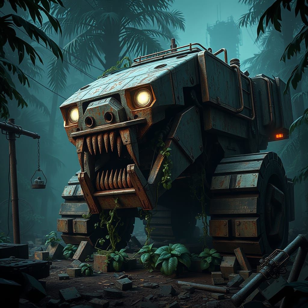 Cyberpunk Car Abandoned in Dystopian Minecraft Jungle