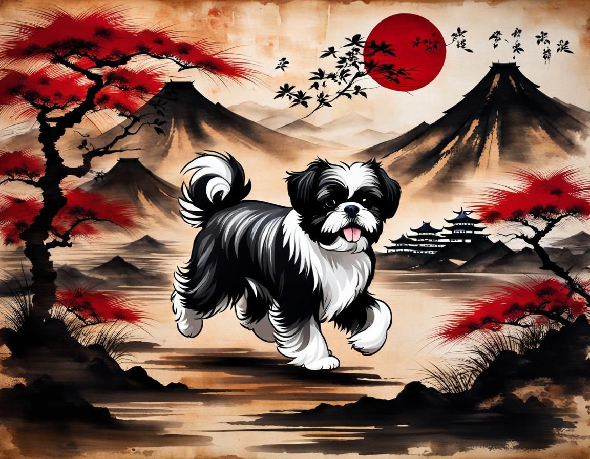 Shih Tzu Runs in Japanese Ink Wash Landscape