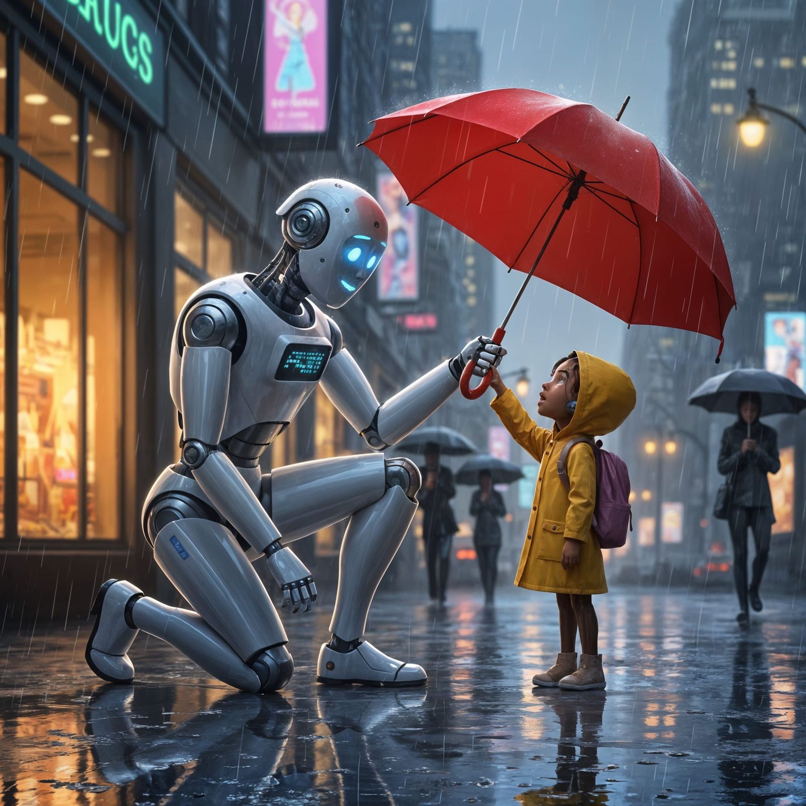 Robot Shelters Child from Rain in Sci-Fi City