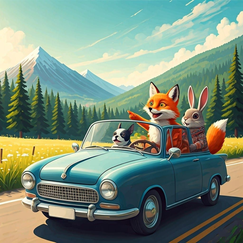 Animals on Summer Road Trip, Whimsical Art Style