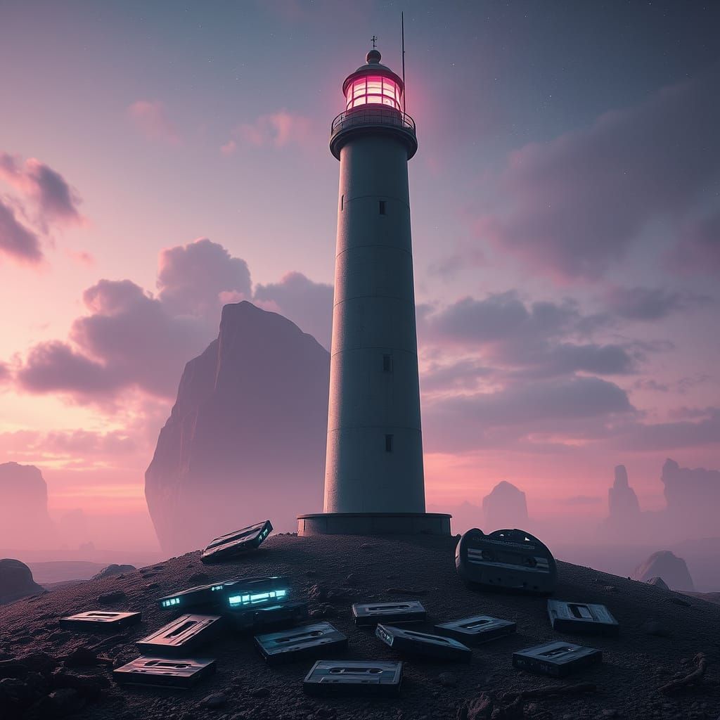 Lighthouse in Cassette Futurism Landscape