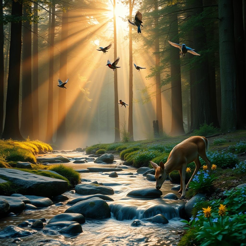 Serene Forest Scene at Dawn: A Cinematic Still