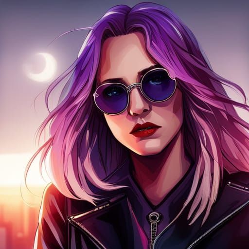 Punk Girl with Purple Hair in Cyberpunk Style