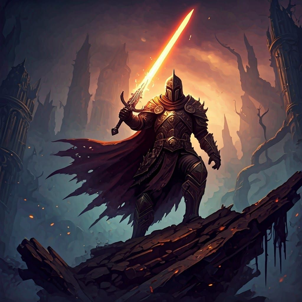 Heroic Warrior in Dark Fantasy Landscape