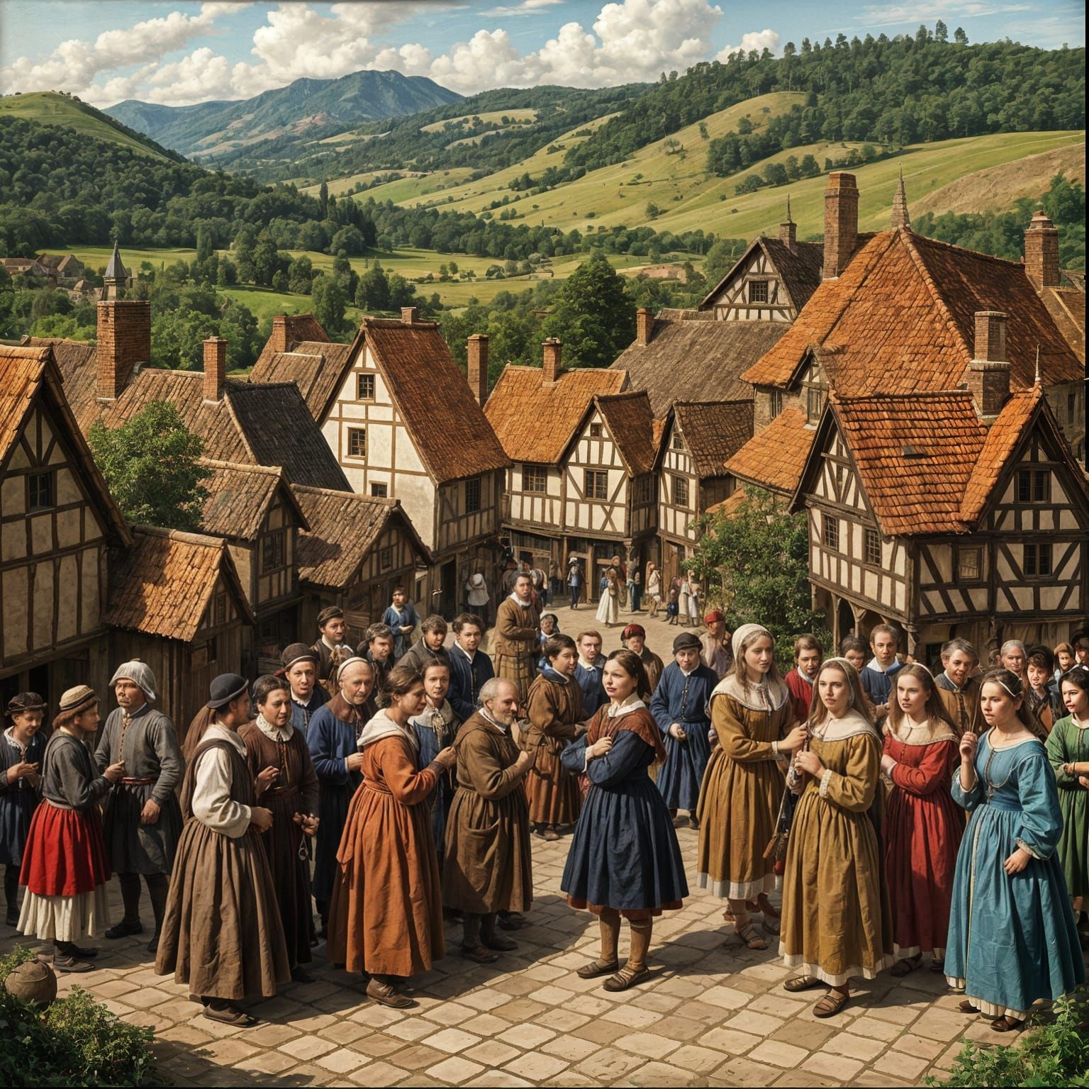 Renaissance Village Scene in Warm Earth Tones