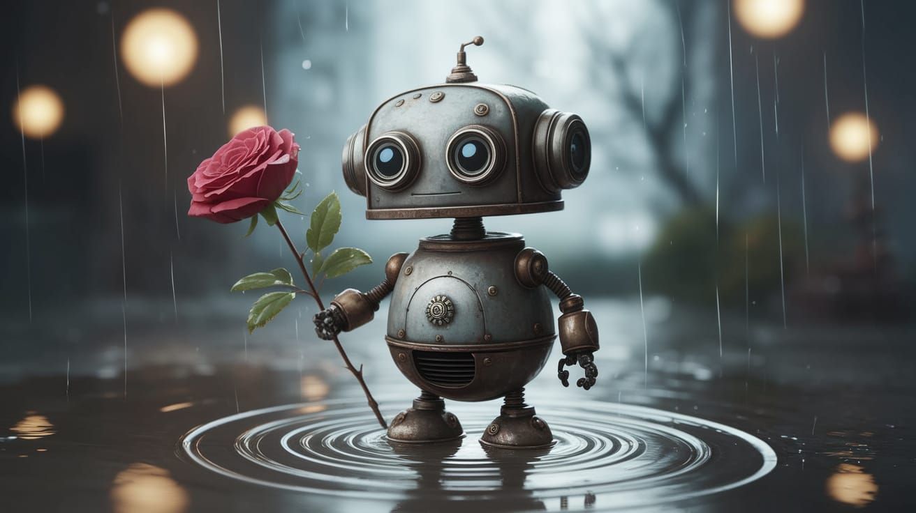 Steampunk Robot Cherishes Rare Rose in Rainy Night Scene