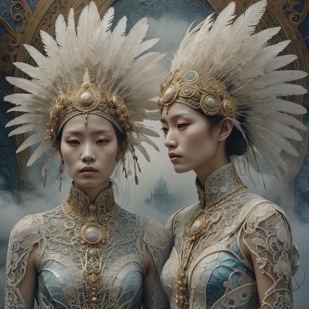 Two androgynous, waif-like figures with porcelain skin, ador...