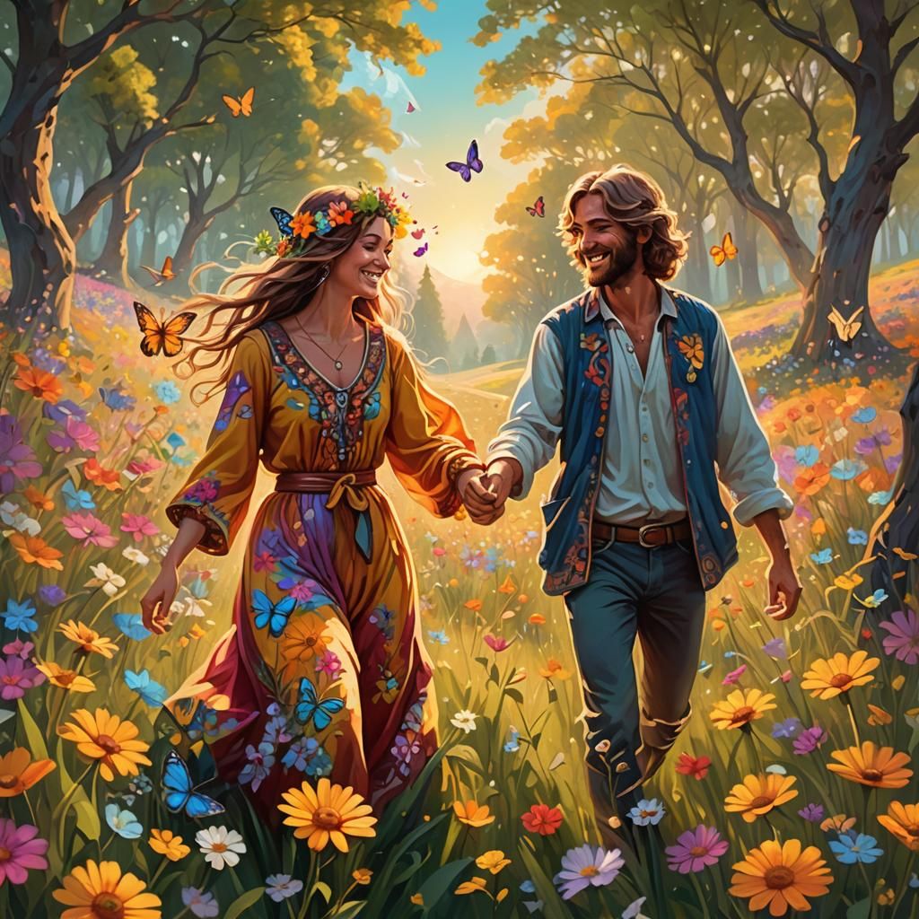 Happy Hippie Couple in Meadow: Oil Painting