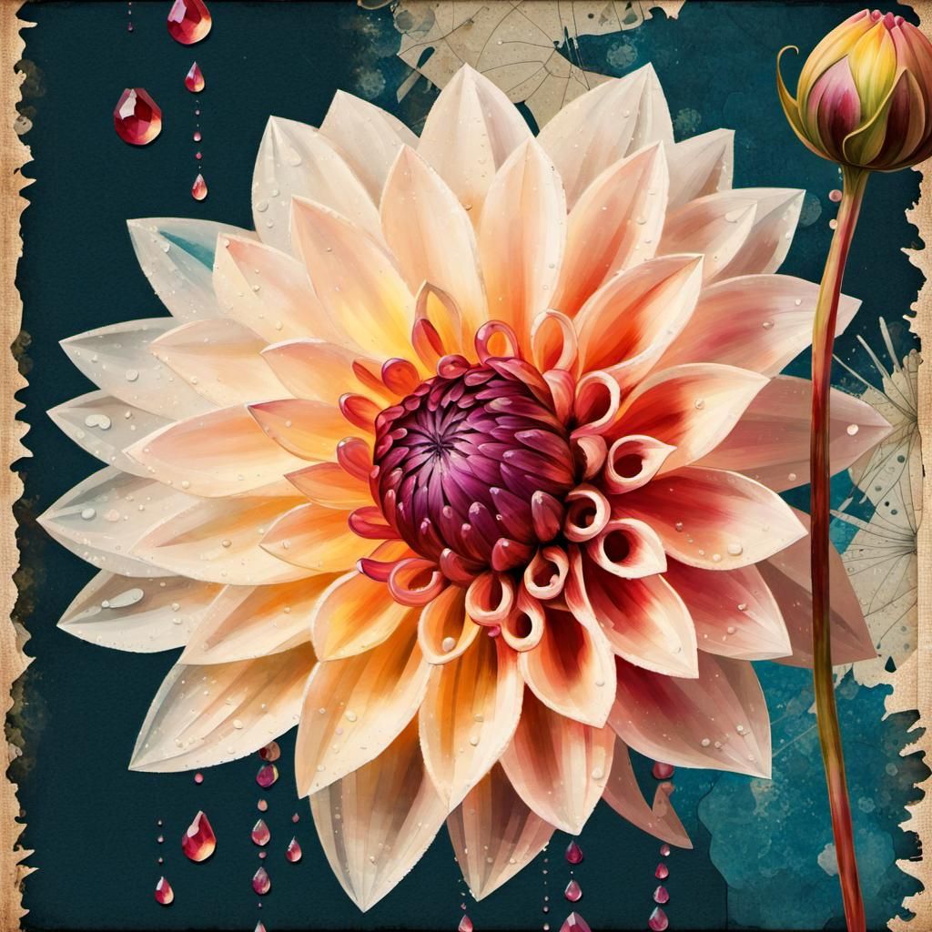 Gemstone Droplets Collage with Dahlia, Vintage Oil Painting