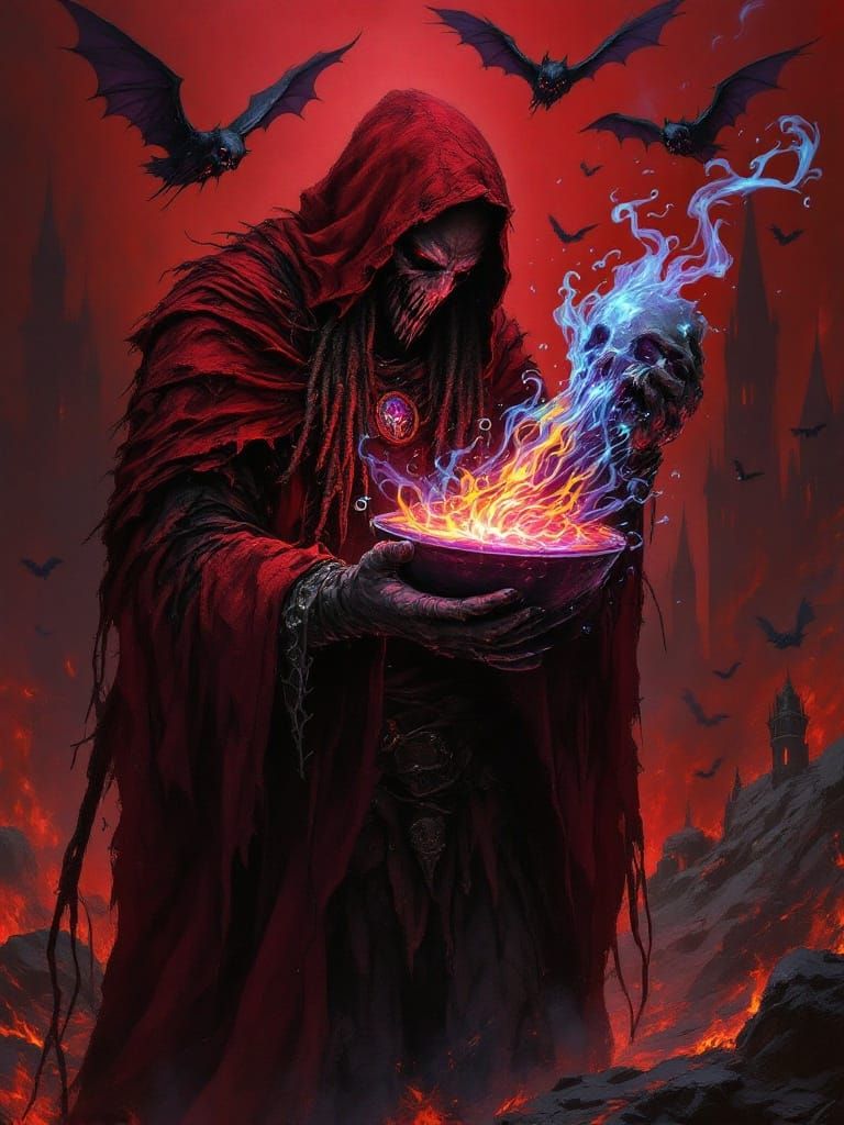 Dark Fantasy Grim Reaper in Crimson Hooded Cloak