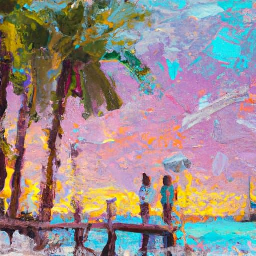 Sunset Beach Oil Painting in Neo-Impressionist Style