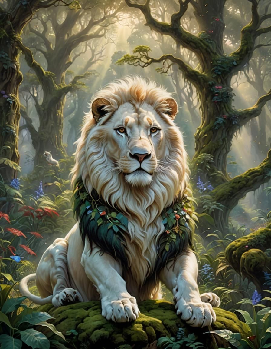 White Lion in Magical Forest, Ethereal Fantasy Art