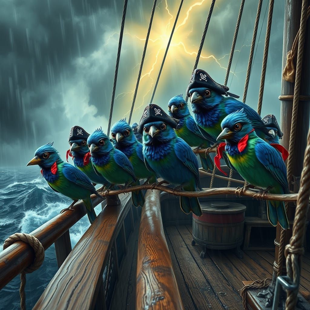 Pirate Jay Birds Weather a Storm on a Wooden Pirate Ship
