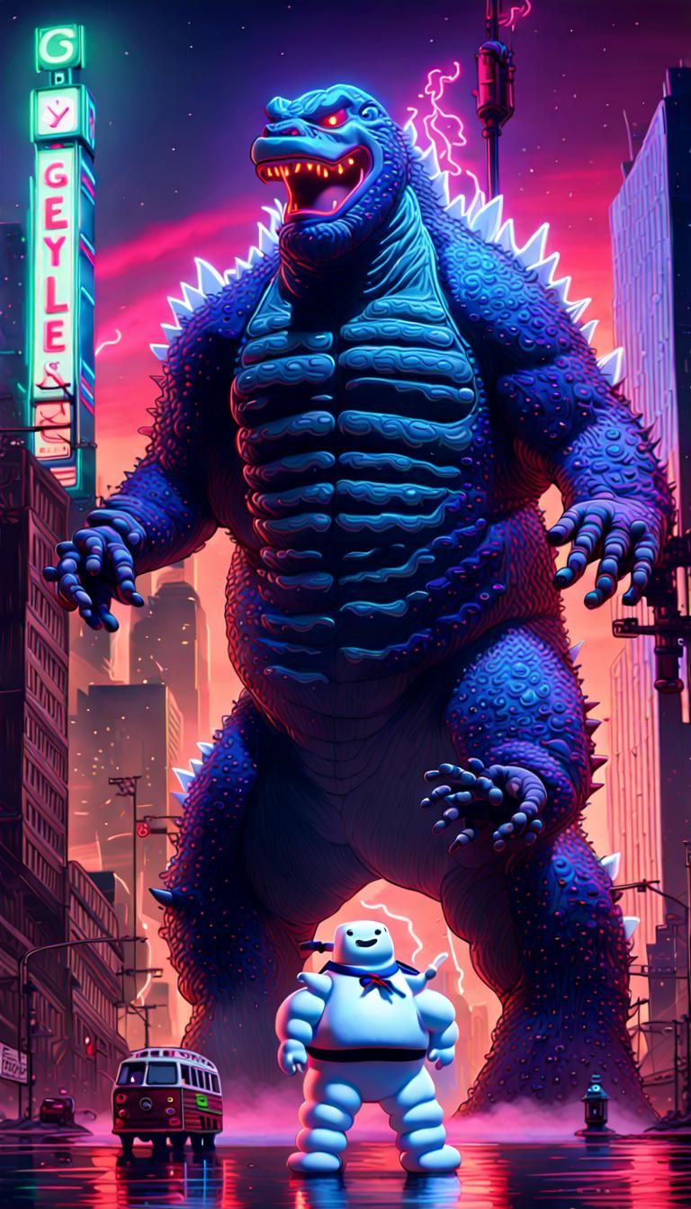 A neon multi-colored color scheme depiction of Godzilla VS the Stay Puft Marshmallow Man. detailed matte painting, deep ...