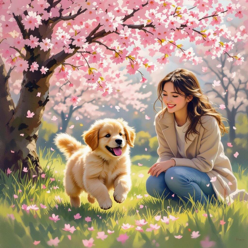 Happy Puppy Under Sakura Tree in Impressionistic Oil Paintin...