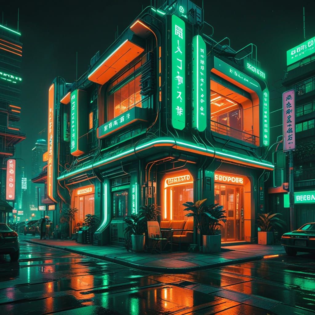 Oriental Cyberpunk Cityscape in Neon Colors