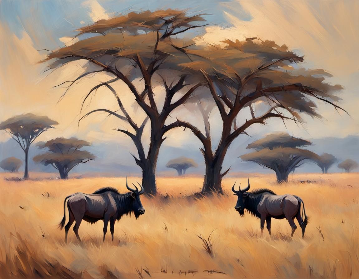 Wildebeest Grazing in Savannah: Impressionist Wildlife Art