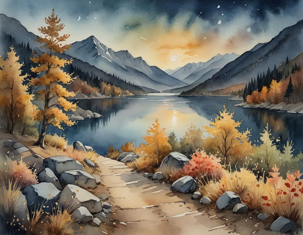 Moonlit Mountain Lake in Watercolor Style