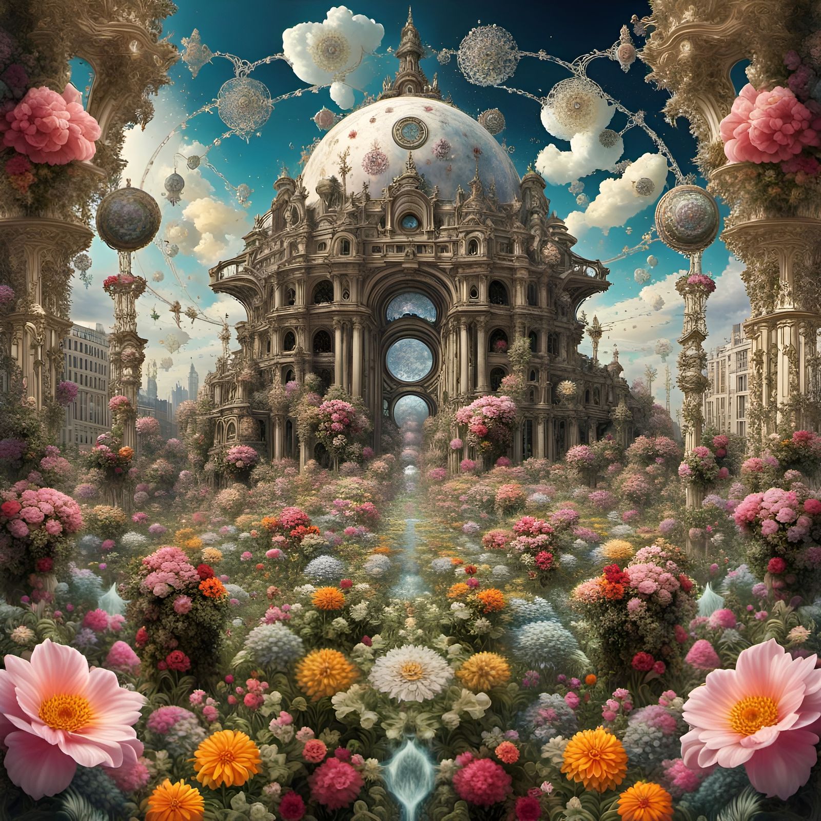 Floral Glitch Art City in Rococo Style