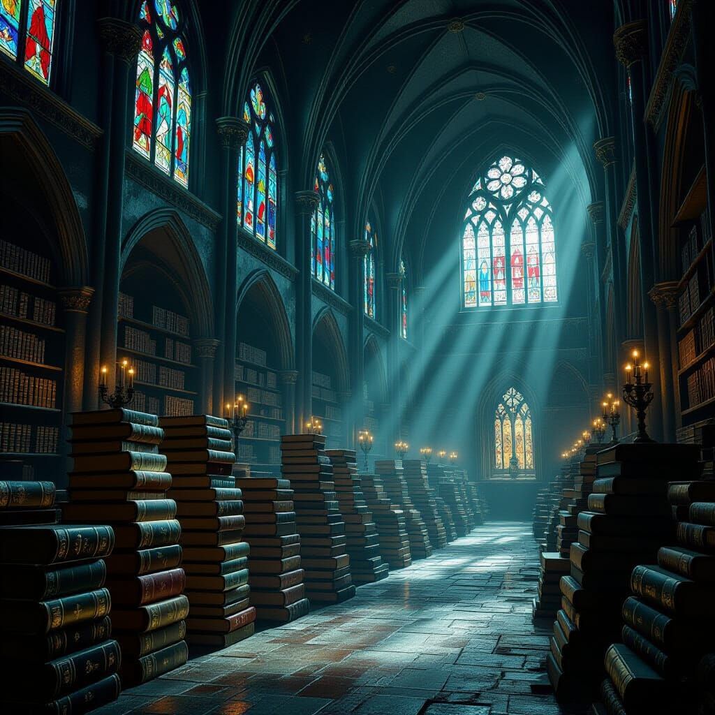 Dimly Lit Cathedral Stacks Ancient Books in Dark Fantasy Sty...