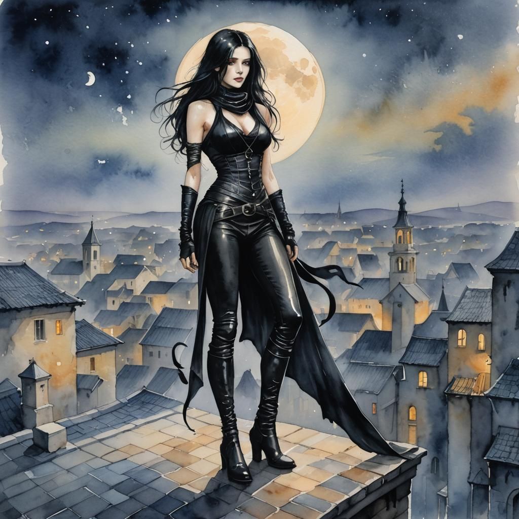 Charismatic Thief on Medieval Rooftop, Watercolor Painting