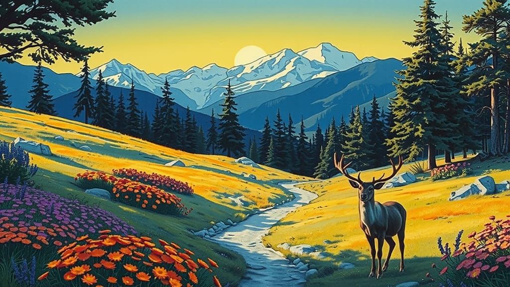 Santa Claus and Rudolph in a Bright Summer Flower Field